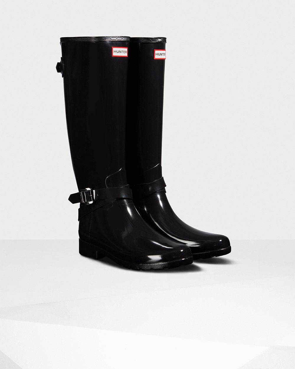 Women Hunter Refined Adjustable Gloss | Tall Rain Boots Black | NZ-76942-BPLR